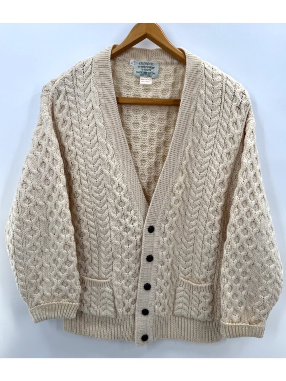 Vintage 90s Clady Knit Hand Made Pure Ivory Wool Cardigan Sweater Coat Men Sz XL
